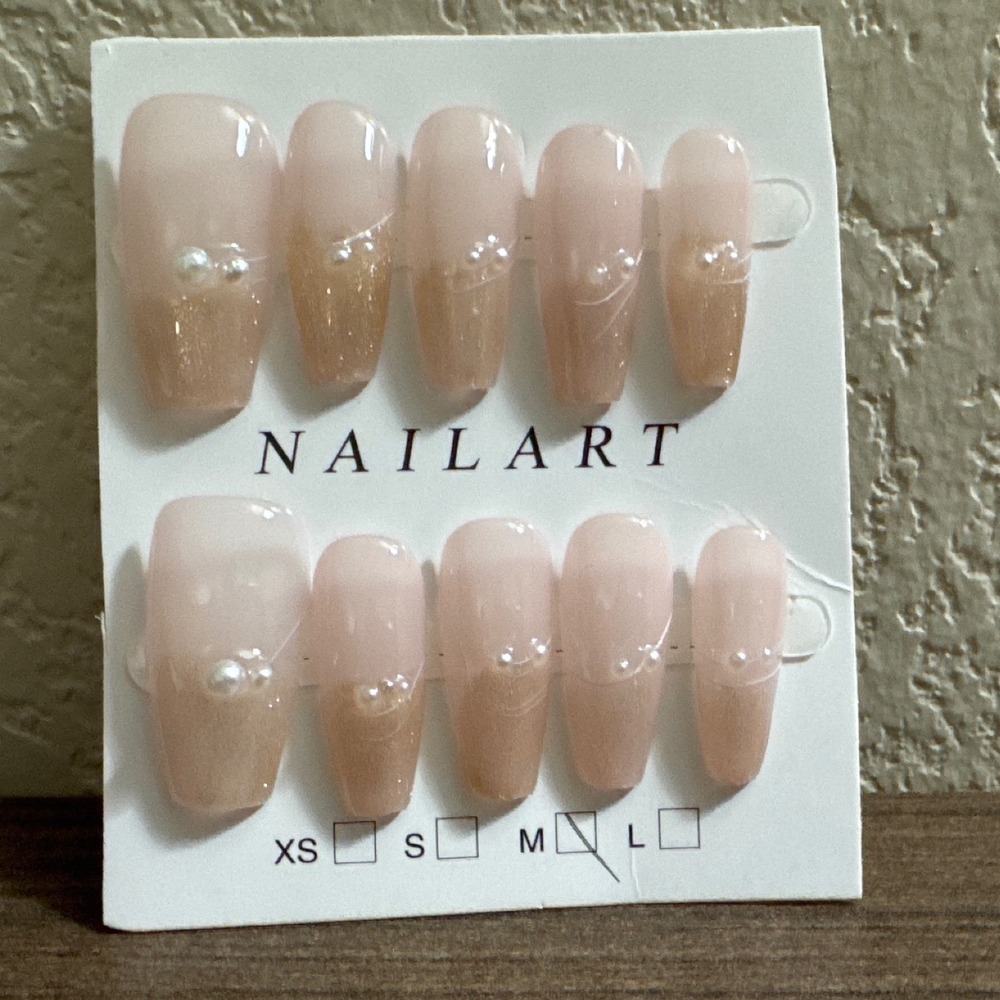 Nude Ombre Press On Nails with Pearl Accents Medium Coffin Glitter Manicure Set